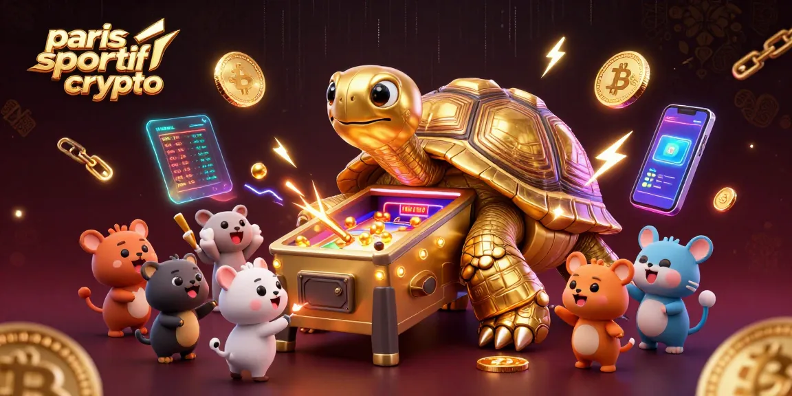 Jouer sur paris sportif crypto avec une tortue dorée et des éléments cryptographiques flottants.