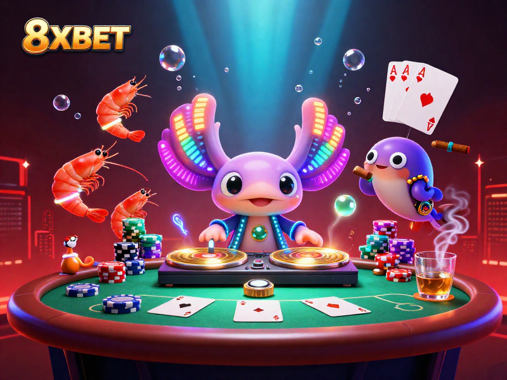 Bet on exciting games at 8XBET with vibrant casino character illustrations.