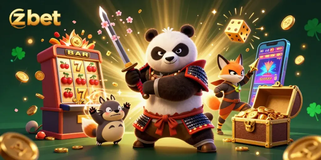 Experience zbet's vibrant gaming with a samurai panda and ninja fox in a dynamic casino scene.