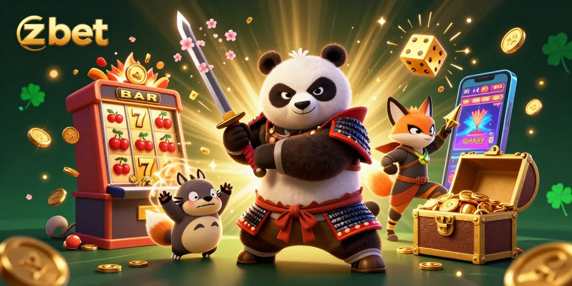 Experience zbet's vibrant gaming with a samurai panda and ninja fox in a dynamic casino scene.