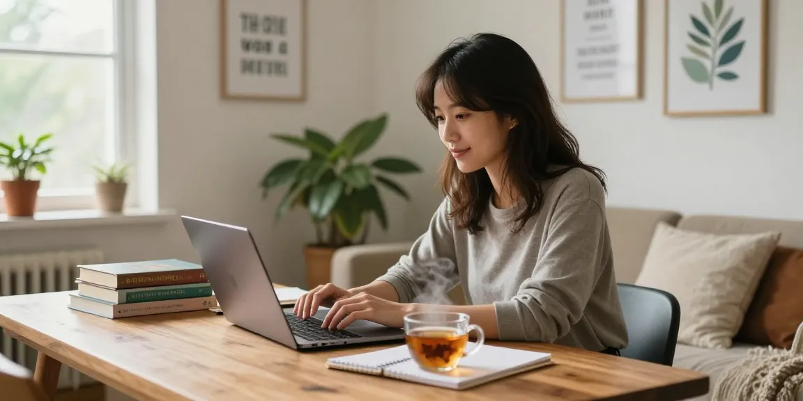 Read more on our blog - Inspiring home office scene with a writer typing at a cozy desk.