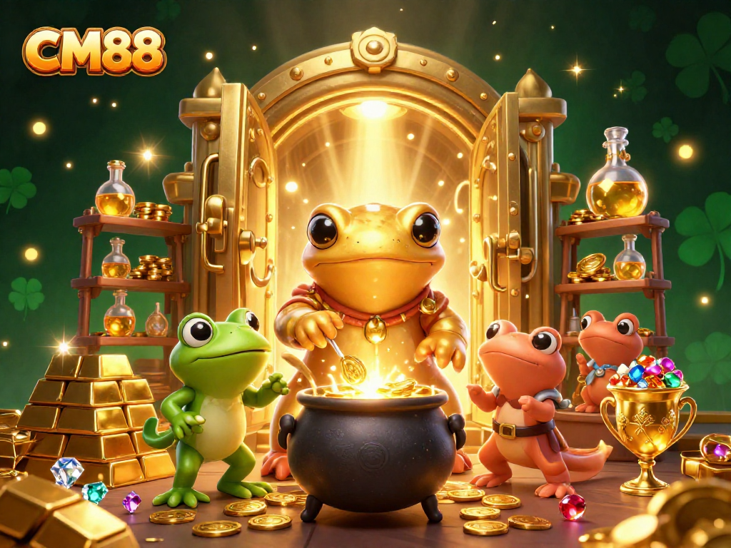 Experience the thrill of CM88 with a vibrant scene of golden treasures and whimsical characters embodying success in online gaming.