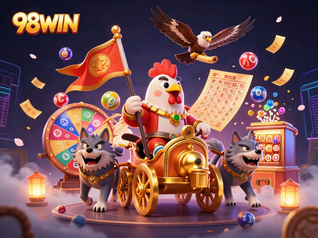 Experience thrilling gameplay with 98WIN's dynamic lottery elements in a vibrant 3D scene.