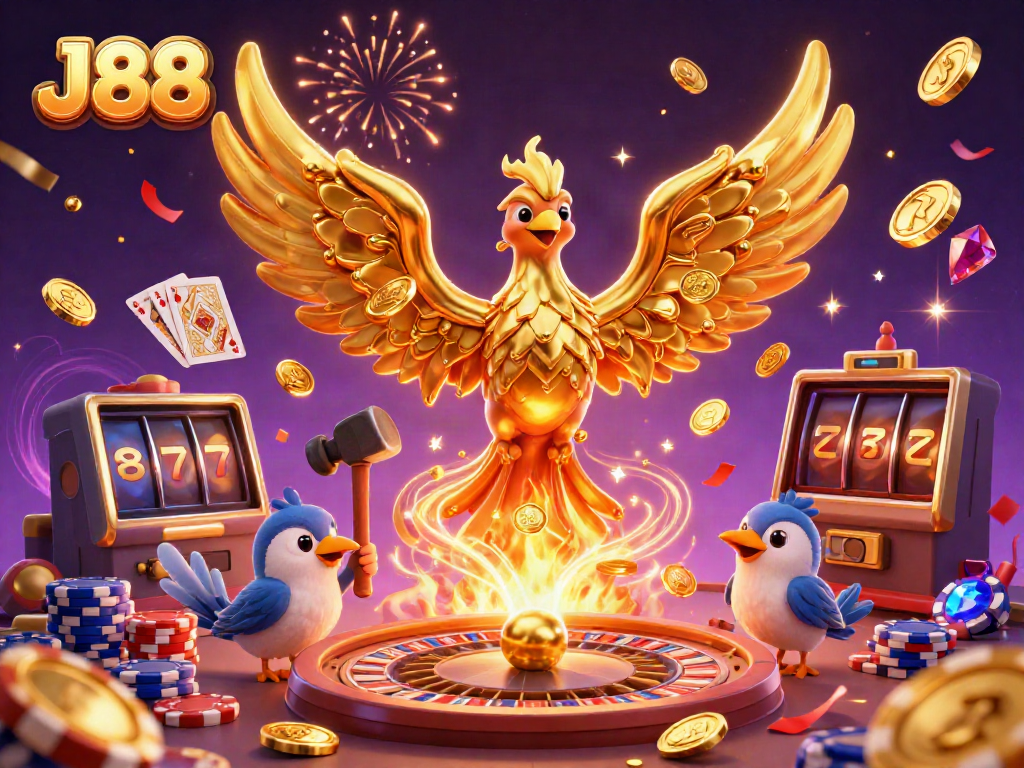 Experience exciting wins at J88 casino with golden phoenix and roulette wheel in a vibrant 3D scene.