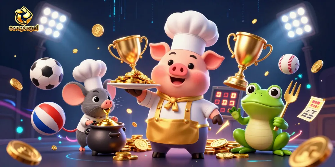 Congtogel features a vibrant scene with a pig chef serving gold, symbolizing gaming excitement.