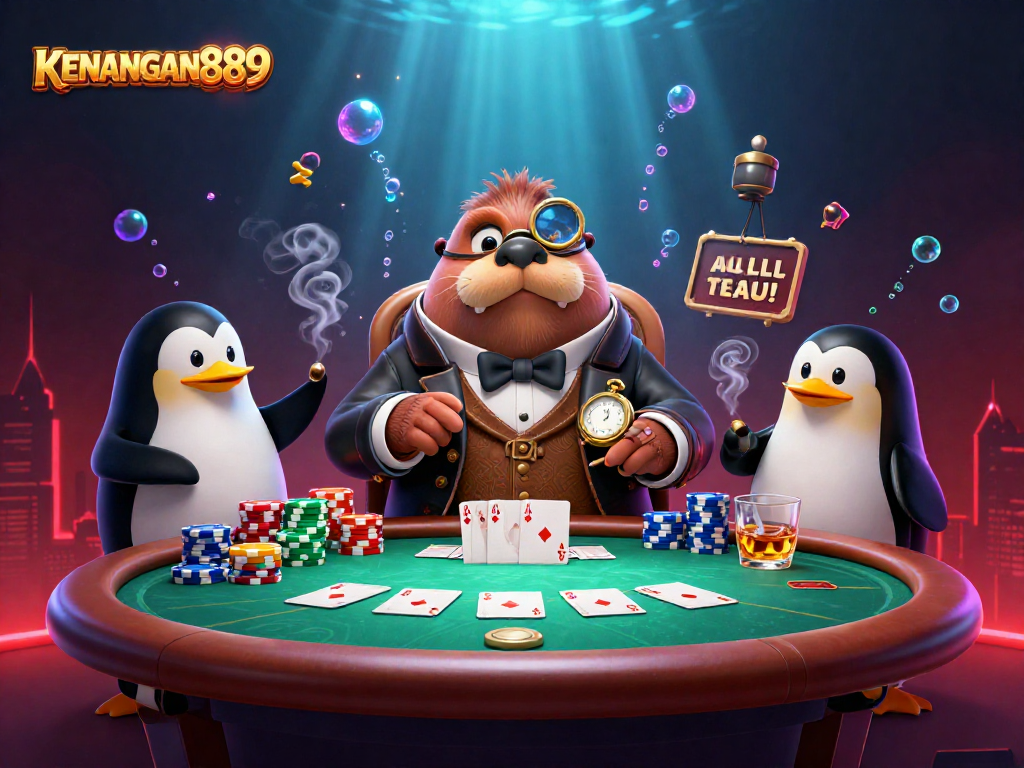 KENANGAN889 showcases a vibrant underwater poker scene featuring a walrus, penguin dealer, and pufferfish, creating excitement.