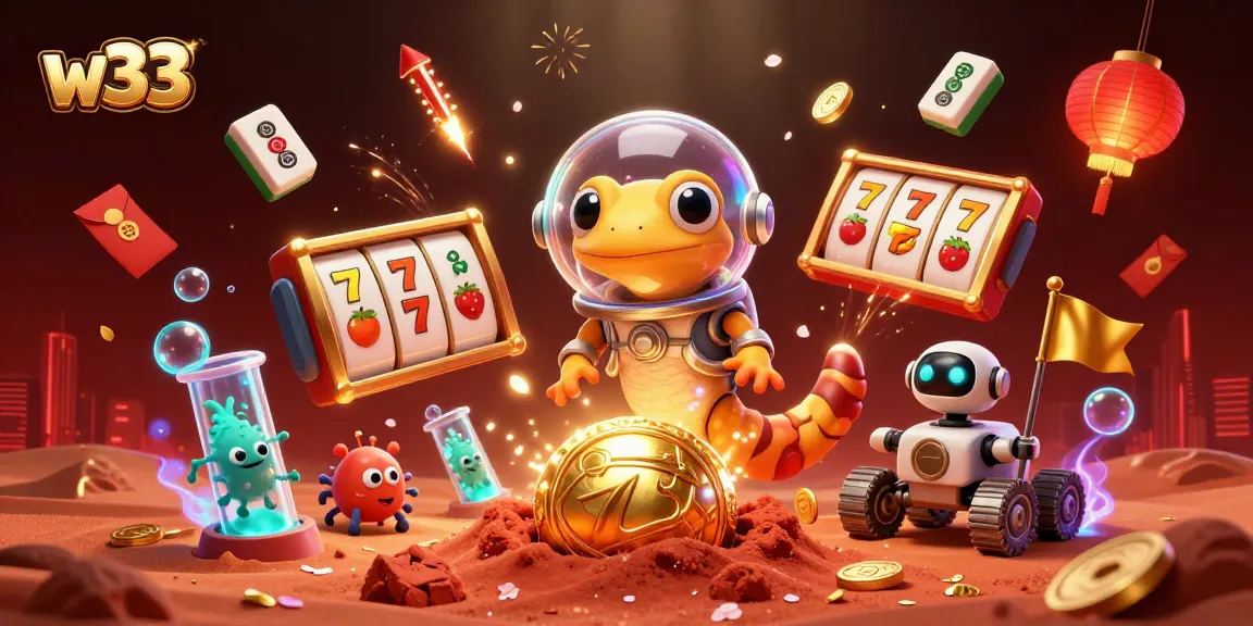 Play exciting w33 pokies with dynamic slot reels and thrilling themes in this vibrant illustration.