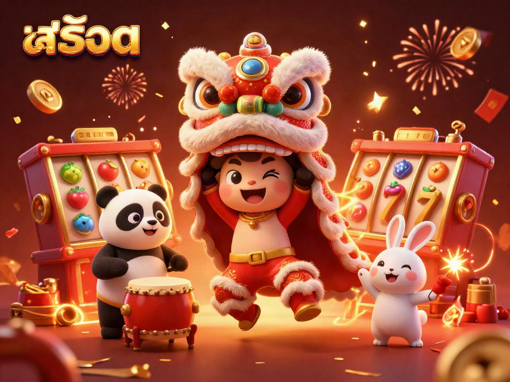 Experience the excitement of สล็อต with a vibrant 3D illustration featuring dancing lions, slot reels, and festive decorations.