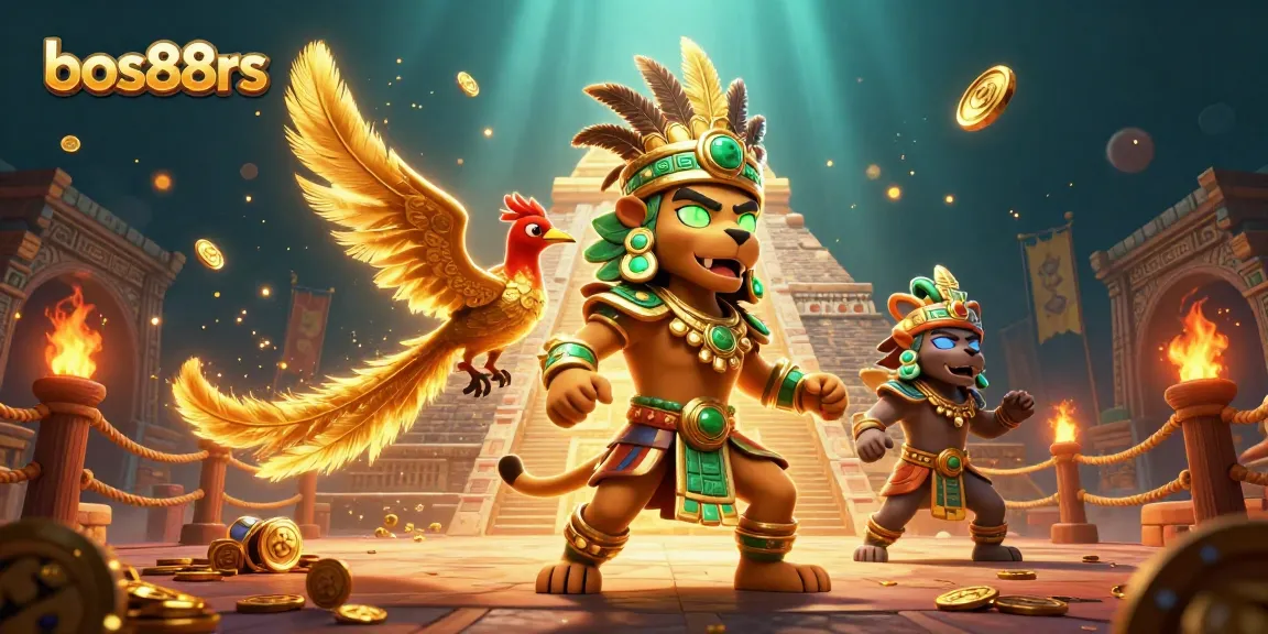 Enjoy thrilling games and bonuses at bos88rs with a vibrant scene featuring Mayan priest and symbols.