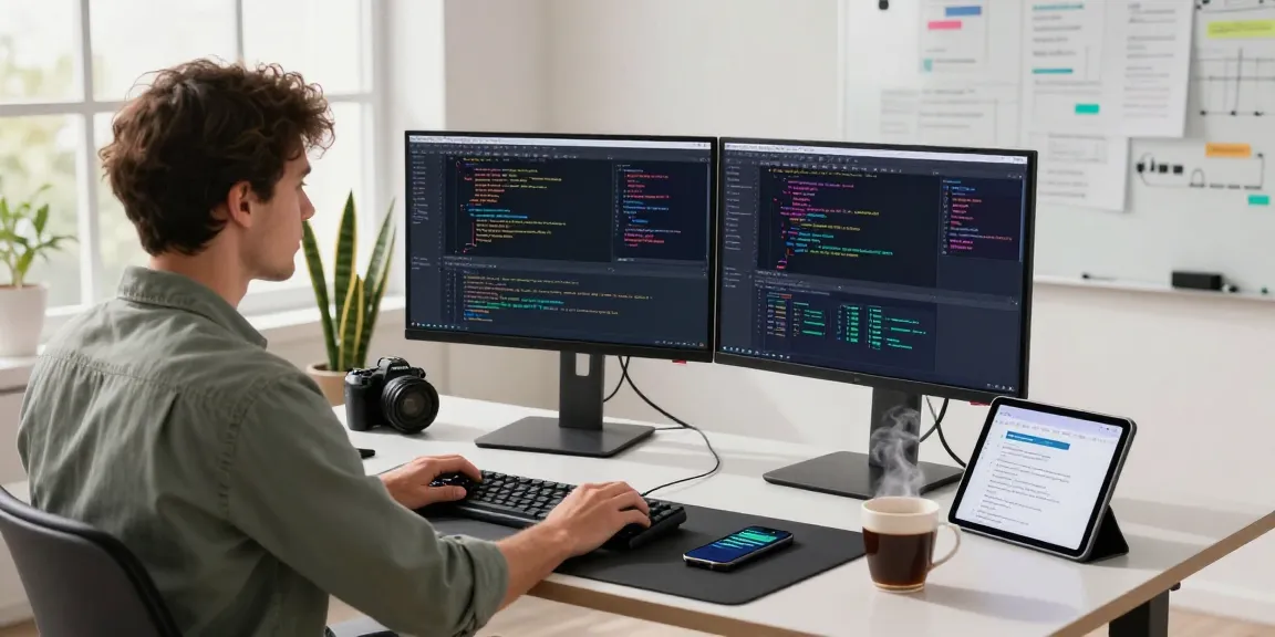 Developer coding in a modern workspace with dual monitors and coffee, showcasing 456bd technology.