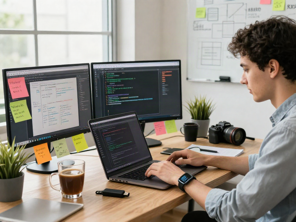 Dynamic workspace showing a developer coding in gbwhatsapp, surrounded by project notes and tech gadgets.