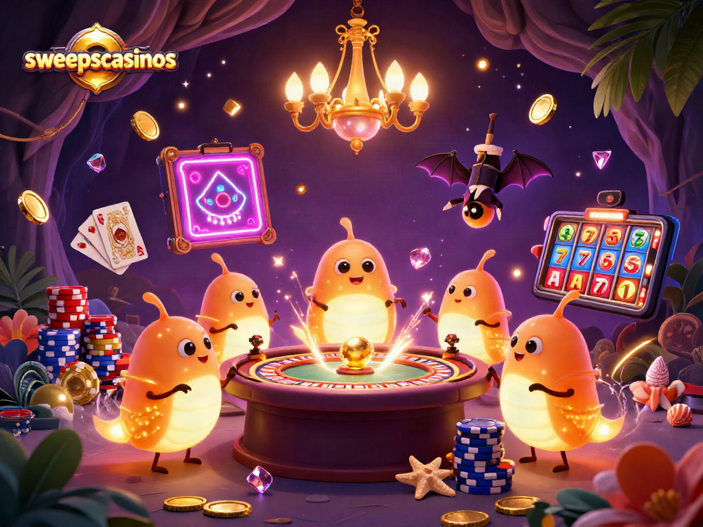 Experience the vibrant energy of sweepscasinos with dynamic glowworms illuminating a cave casino scene.