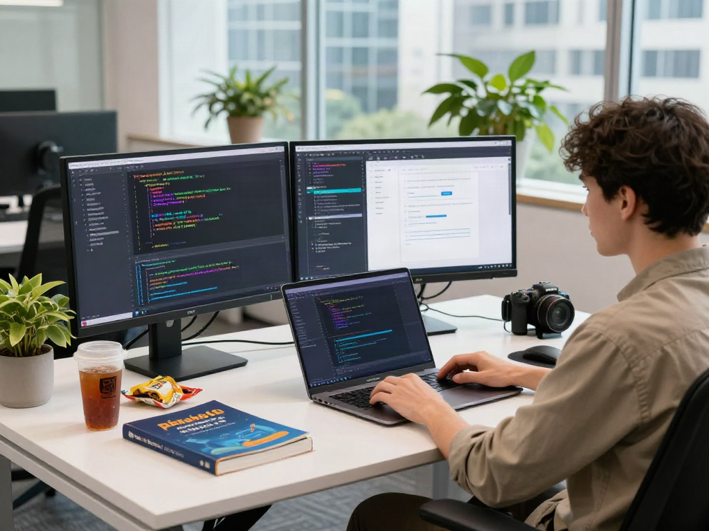 Programming environment showcasing the pikashow apk coding interface with a vibrant office setup.