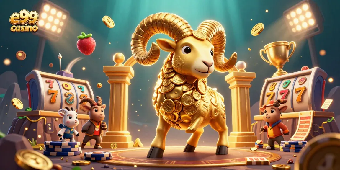 Spin the reels at e99 casino, featuring a dynamic cartoon scene with a golden ram and slot elements.