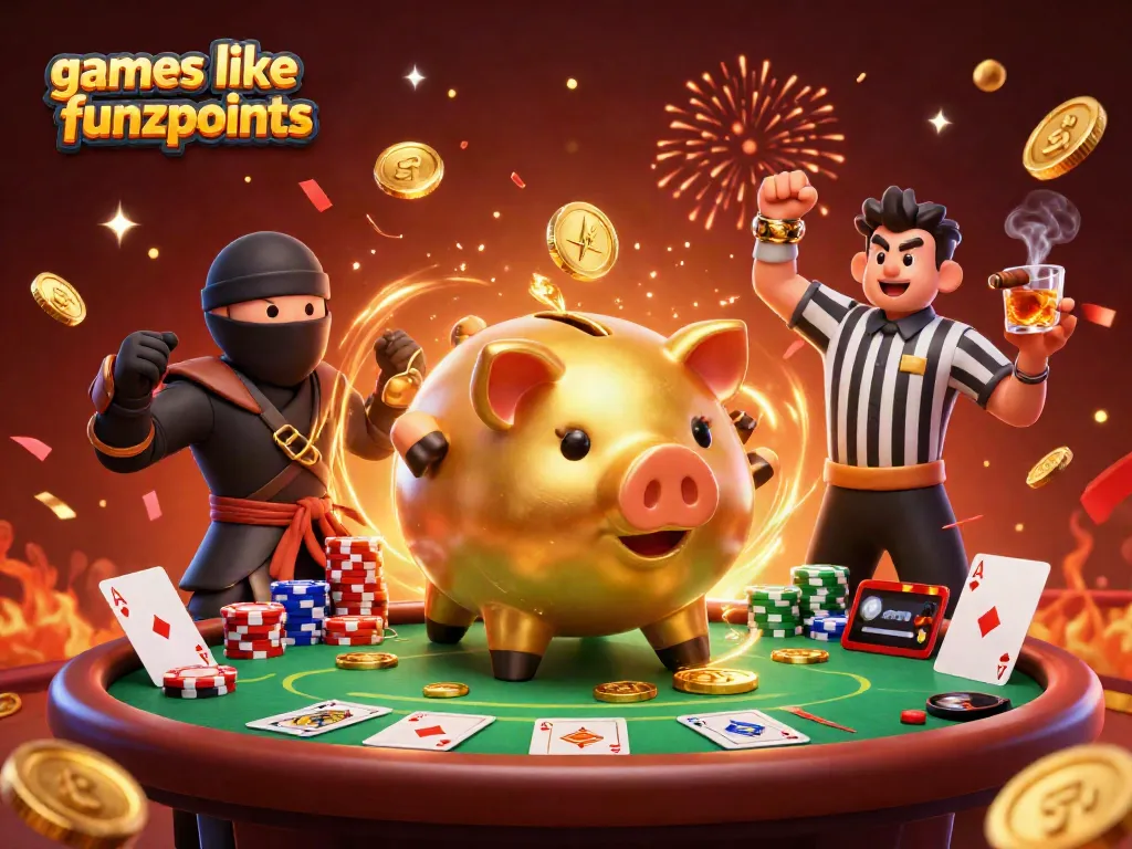 Play engaging games like funzpoints with a sumo wrestler, ninja, and referee in a vibrant casino scene.