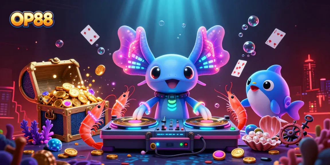 Experience thrilling gaming at OP88, featuring vibrant underwater scenes with neon characters and treasure.