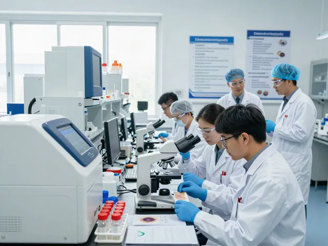 Cancer biobanks supporting researchers in a modern laboratory analyzing biological samples and collaborating on cancer research.