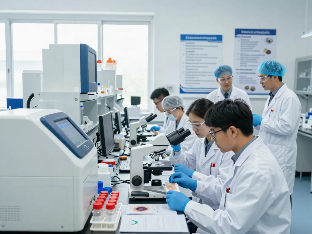 Cancer biobanks supporting researchers in a modern laboratory analyzing biological samples and collaborating on cancer research.