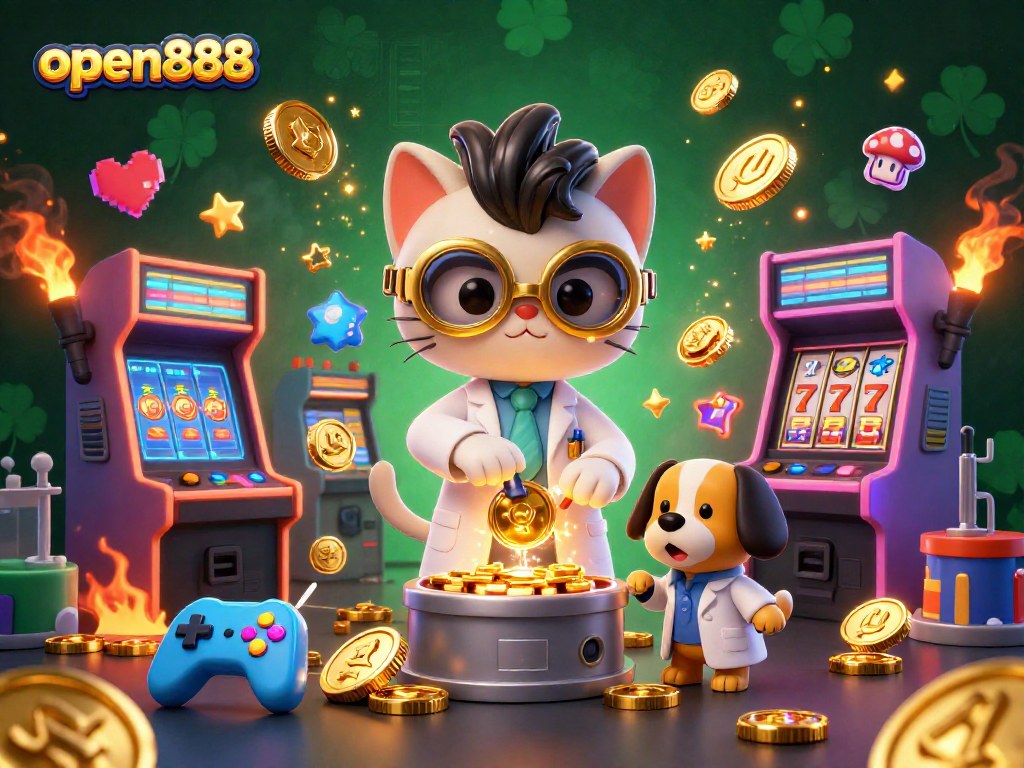 Engage with open888's unique gaming experience featuring a mad scientist cat and vibrant casino elements.