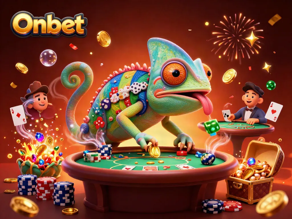 Onbet casino scene with a chameleon owner amidst poker elements and treasures.