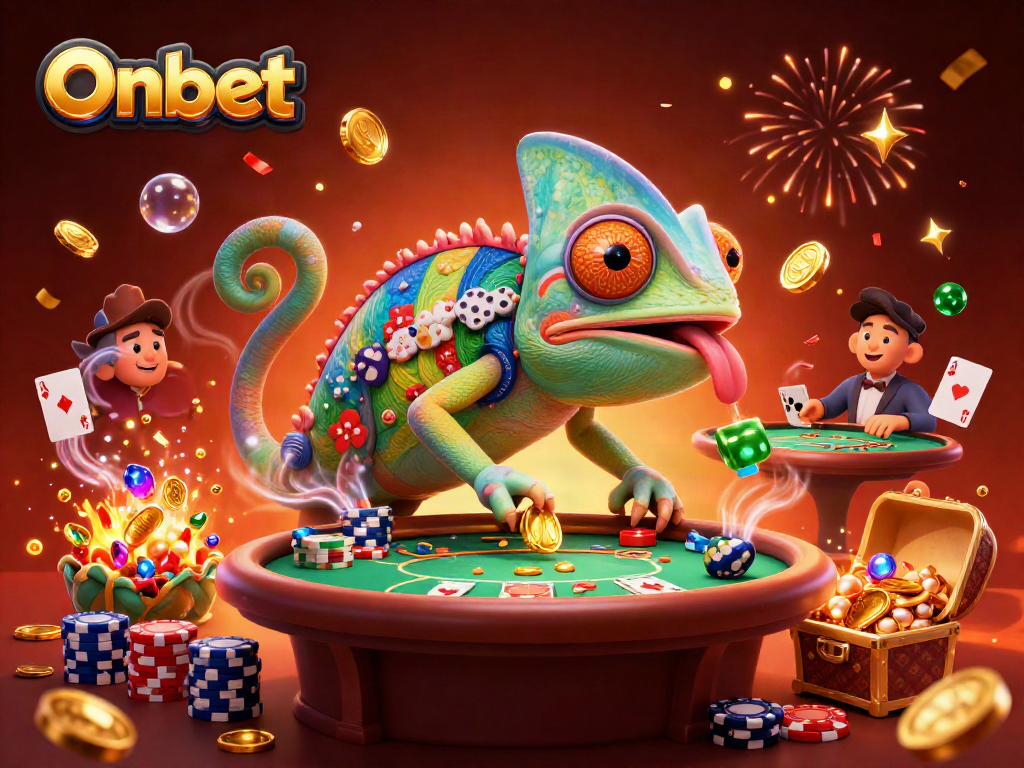 Onbet casino scene with a chameleon owner amidst poker elements and treasures.