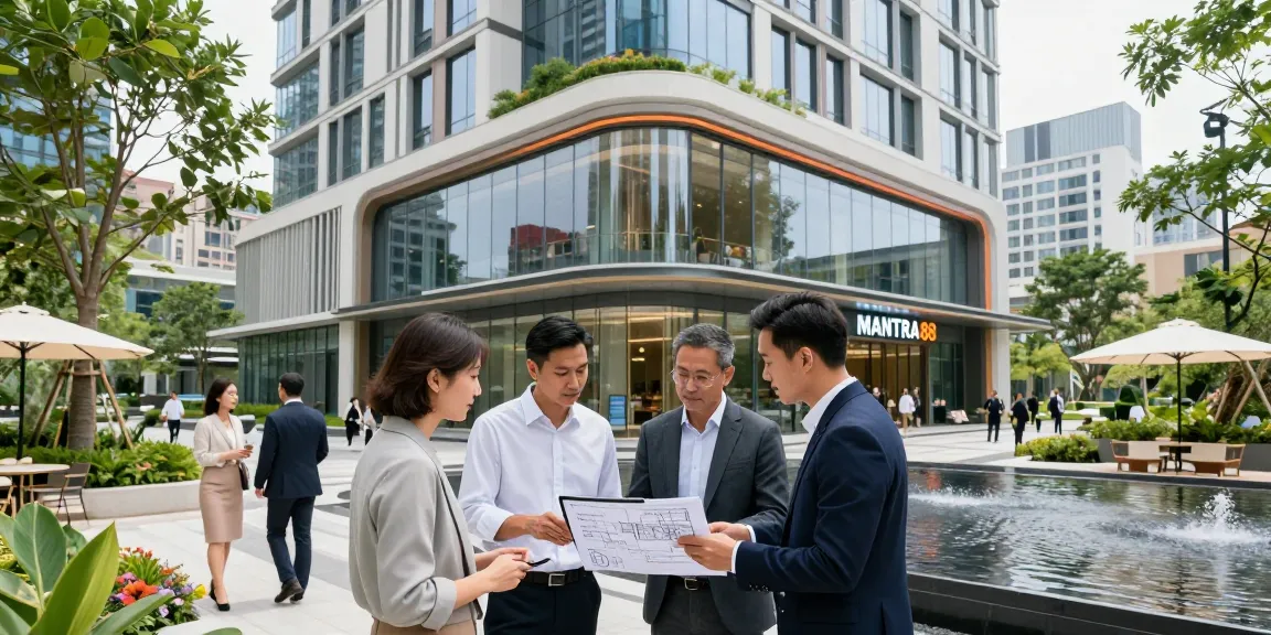 Showcase of MANTRA88 commercial property featuring business professionals discussing plans, interior design elements, and vibrant surroundings.