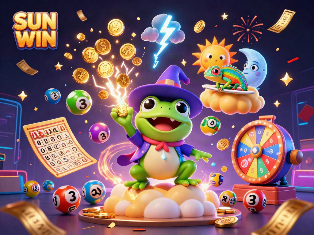 Experience exciting wins with SUN WIN as cartoon characters celebrate with golden coins and colorful lottery elements.