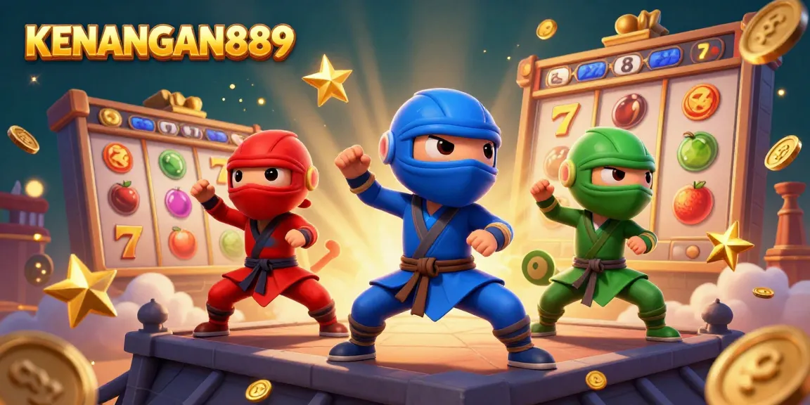 KENANGAN889 showcases a vibrant scene with ninja chameleons performing martial arts around slot reels, enhancing your gaming experience.