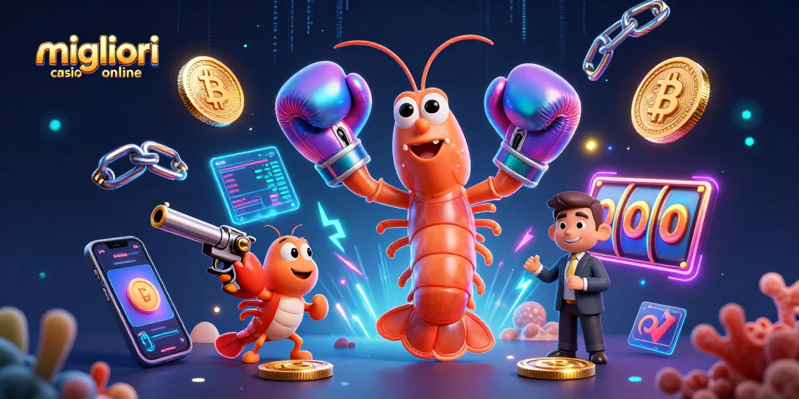 Scopri i migliori casino online con gamberi mantide 3D e simboli di criptovaluta in un'illustrazione dinamica.