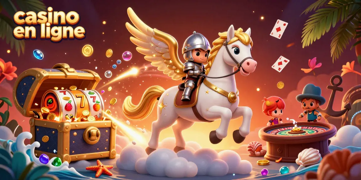 Illustration captivante d'un cheval céleste et d'un chevalier, mettant en avant le casino en ligne avec des éléments de jeu.