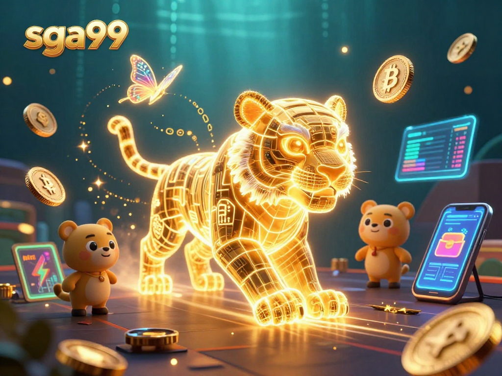 Spark your gaming adventure at sga99 with a neon tiger and crypto treasures in a vibrant digital casino.