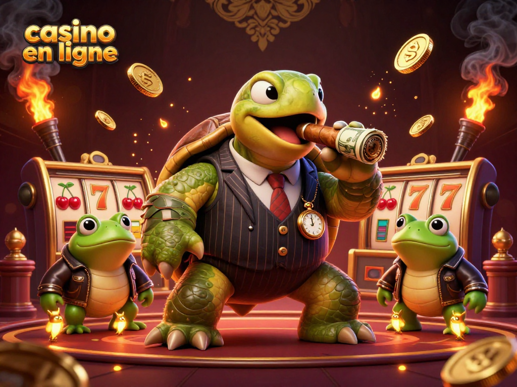 Jouez en ligne au casino avec une tortue massive stylisée et des grenouilles, entourées de lumière.