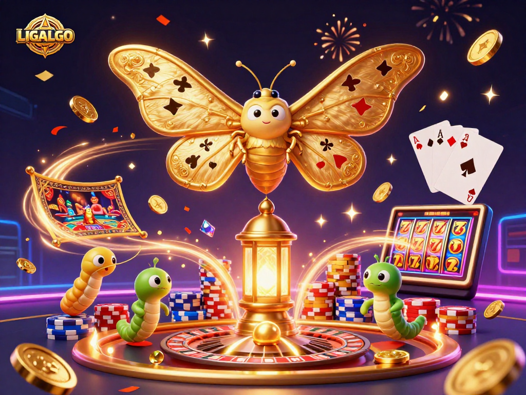 LIGALGO showcases a vibrant digital casino scene with spinning roulette, dazzling coins, and captivating gameplay elements.