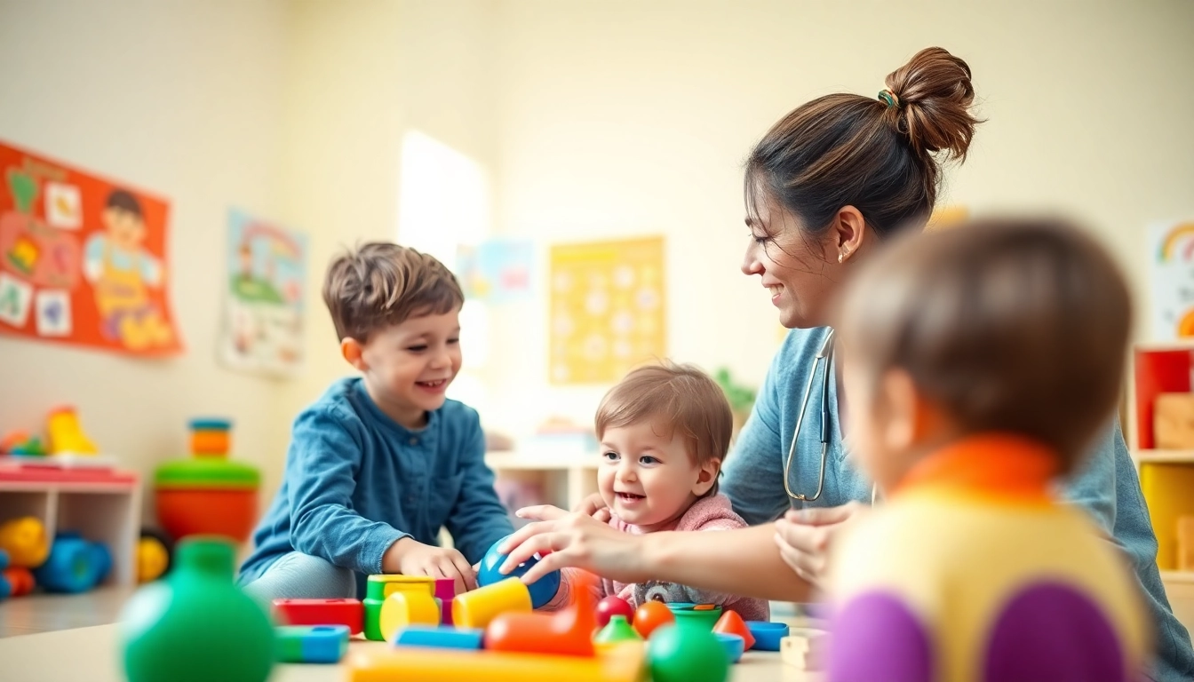 Engaging scene of Autism Therapy with a therapist and child in a colorful, nurturing environment.