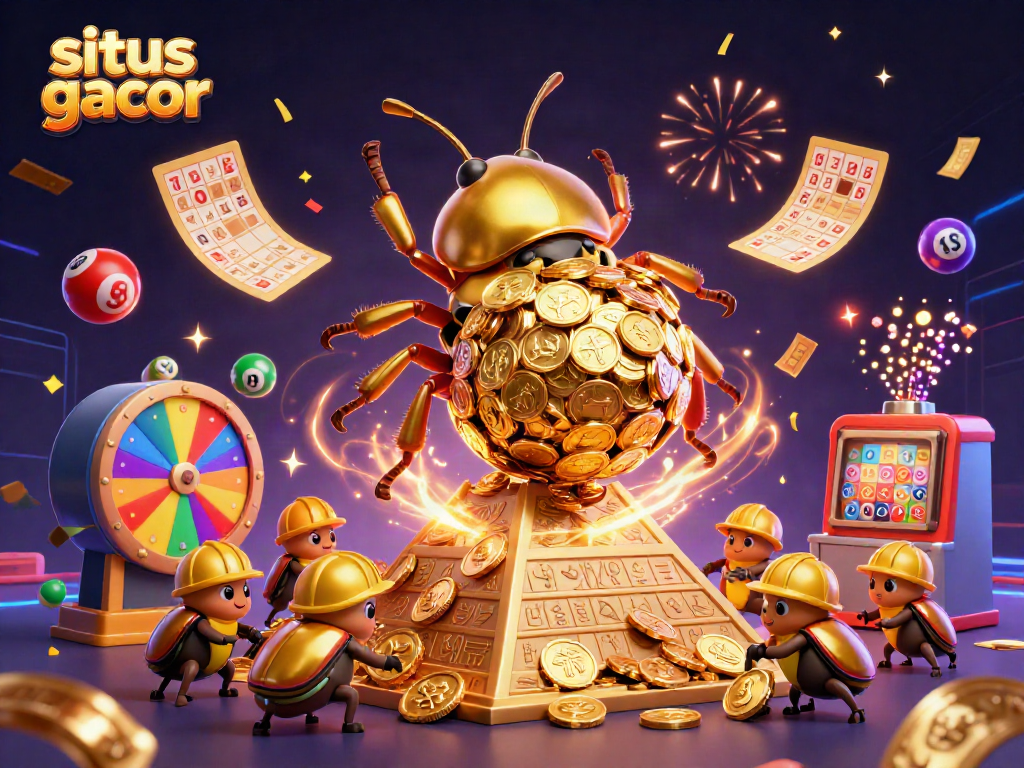 Experience the excitement of situs gacor with a golden beetle rolling coins and festive lottery elements.