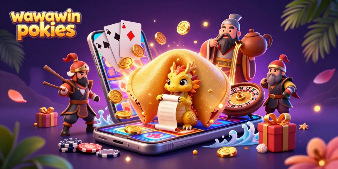 Engaging illustration of wawawin pokies with a golden fortune cookie and vibrant slot game elements.