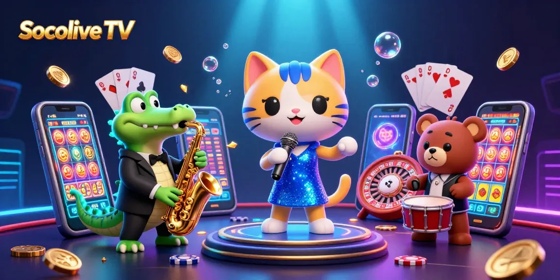 Socolive TV brings excitement with a vibrant casino scene featuring a singing cat, saxophone crocodile, and drumming bear.