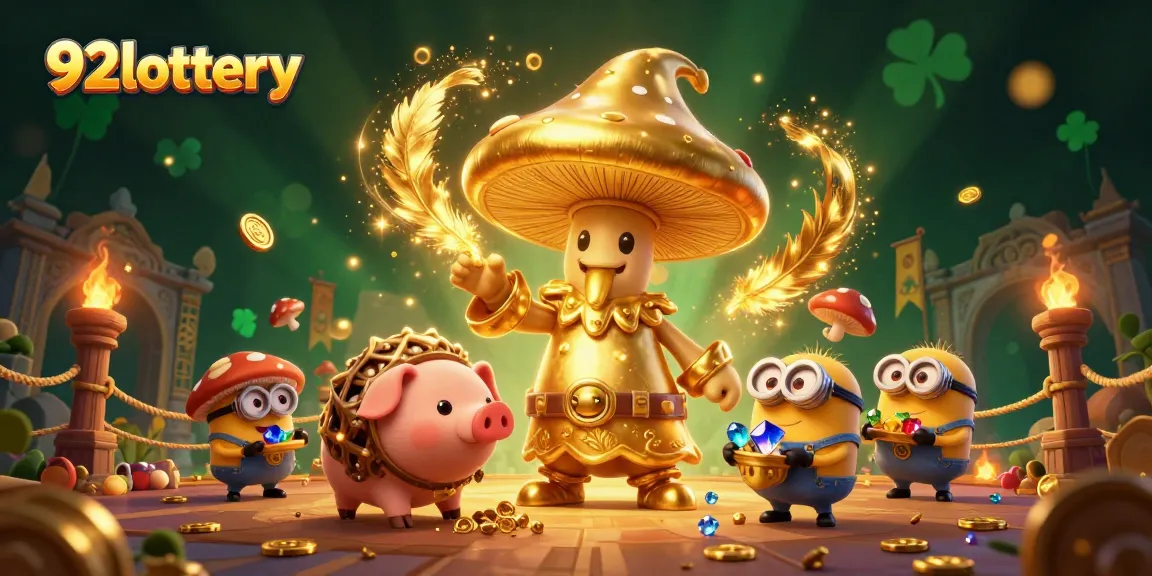 Activate 92lottery magic in a treasure-filled 3D casino scene with vibrant characters and gold.