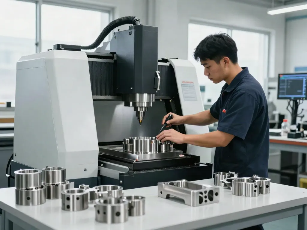 Custom stainless steel parts being machined in a modern workshop.