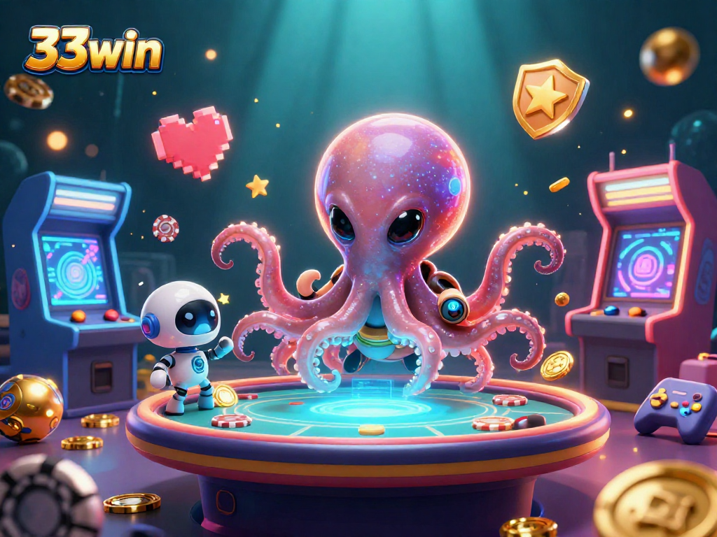 Engage in thrilling poker strategies with 33win's interactive alien casino scene featuring an octopus and robot.
