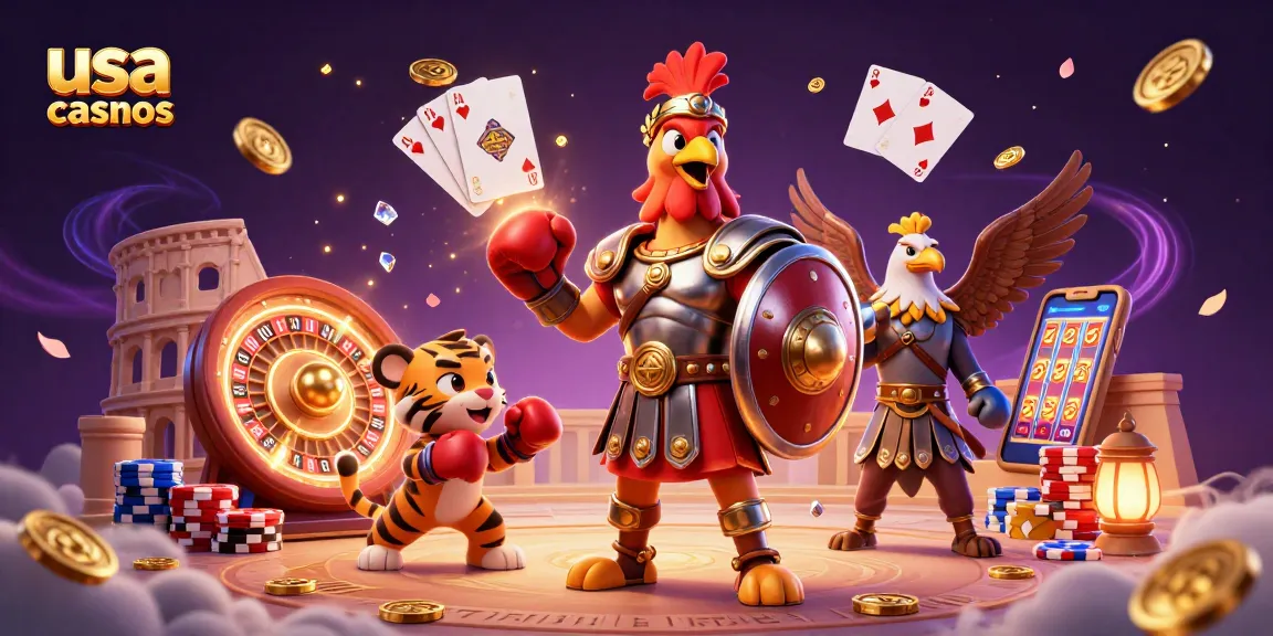 Experience excitement at usa casinos with a rooster gladiator and tiger cub in a vibrant gambling scene.
