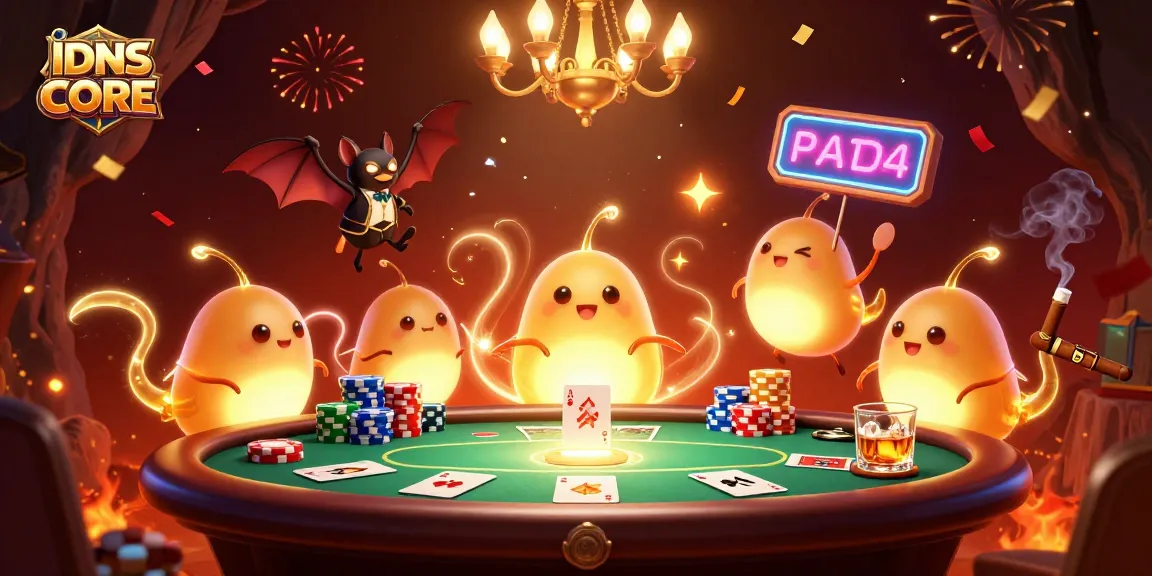 IDNSCORE shines in a vibrant casino scene, showcasing glowworms illuminating a poker table.