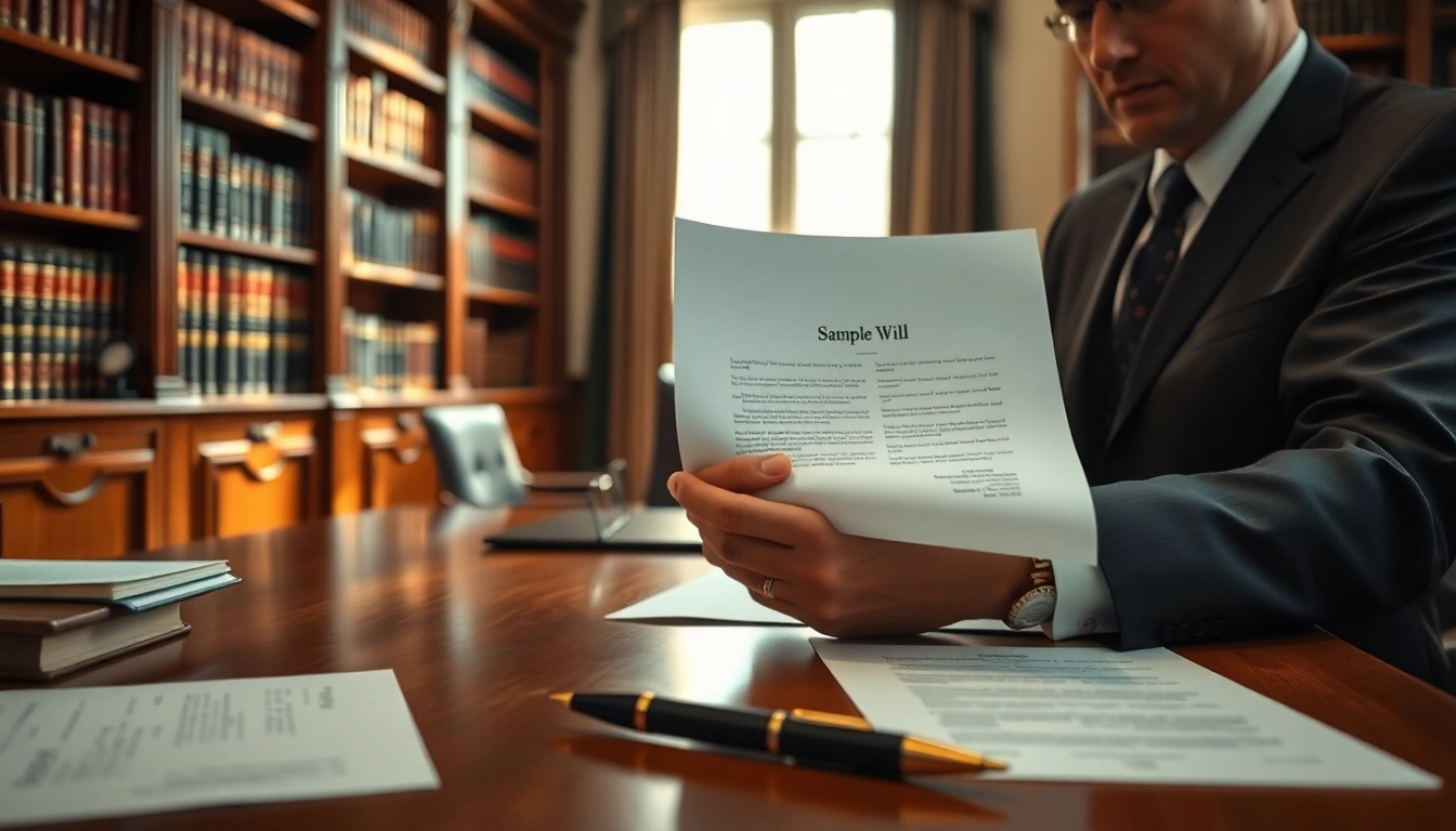 Prüfung eines Sample Will Austria durch einen Anwalt in elegantem Büro.