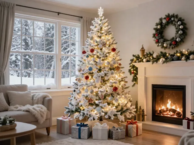 White colorful Christmas tree beautifully decorated in a cozy living room.