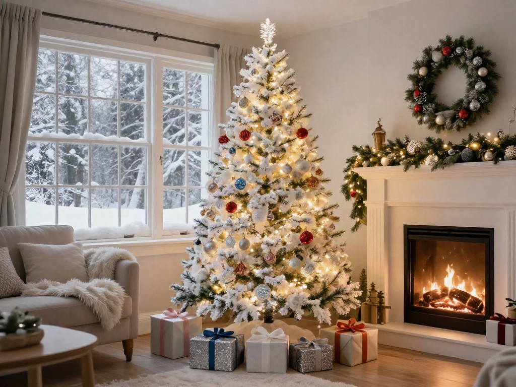 White colorful Christmas tree beautifully decorated in a cozy living room.