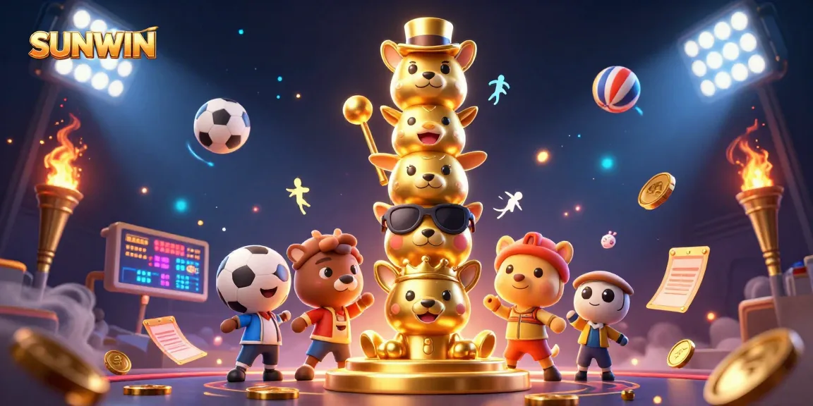 SUNWIN players enjoying dynamic gaming with engaging cartoon characters, sports elements, and vibrant casino atmosphere.