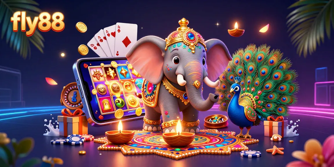 Experience the excitement of fly88, featuring a lively casino scene with colorful slot games and a decorated Diwali elephant.