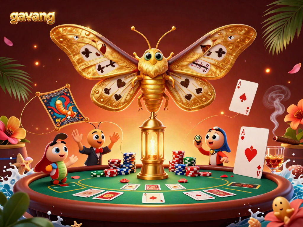 Engage with gavang's vibrant casino scene showcasing golden wings, poker elements, and rich textures.