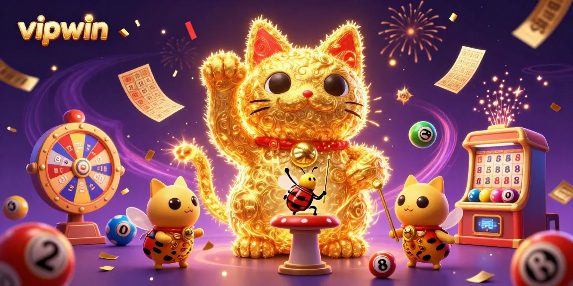 Experience the excitement of vipwin with a lucky cat, fireworks, and vibrant lottery elements.