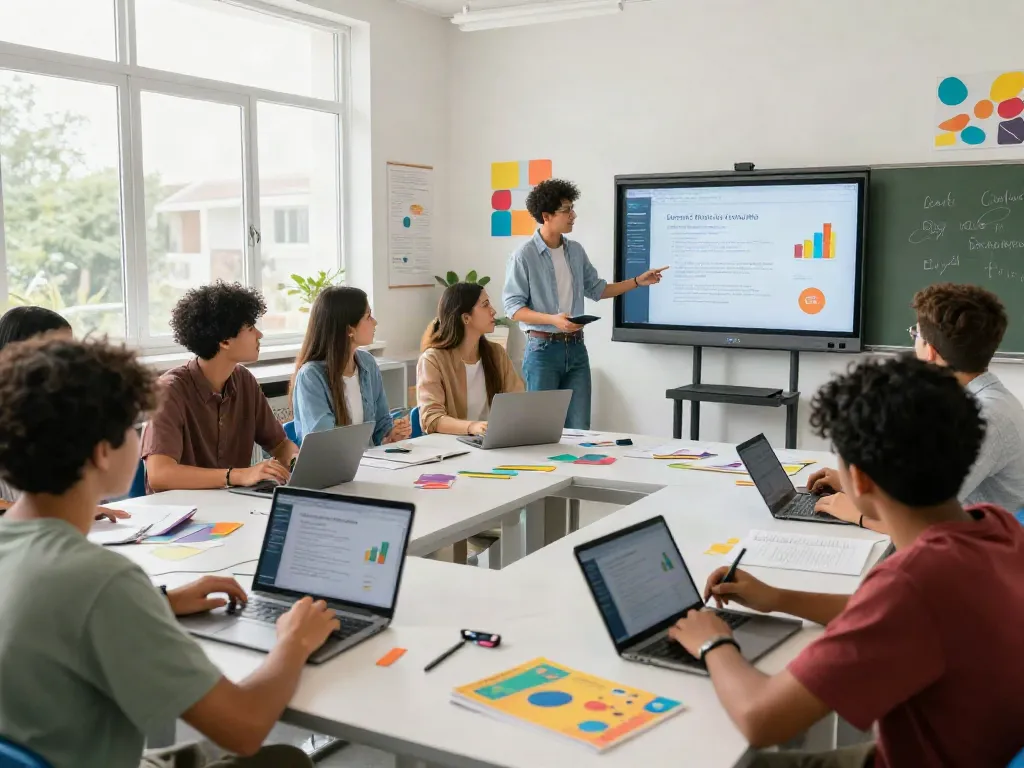 Engaging classroom where students look at this web-site on digital devices.
